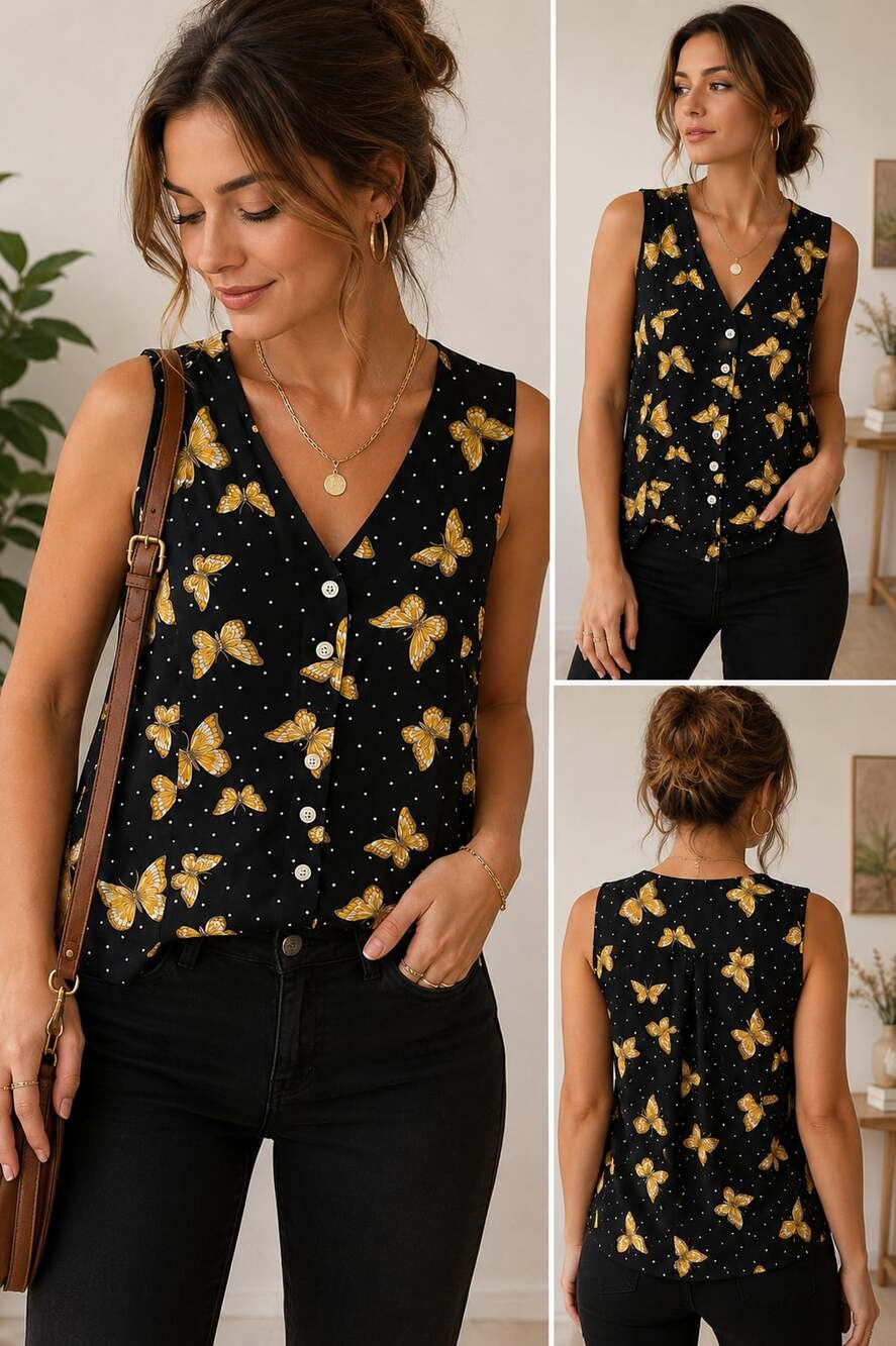 Vintage Morton Malaugillon Butterfly Polka Dot Button Front Vest Top